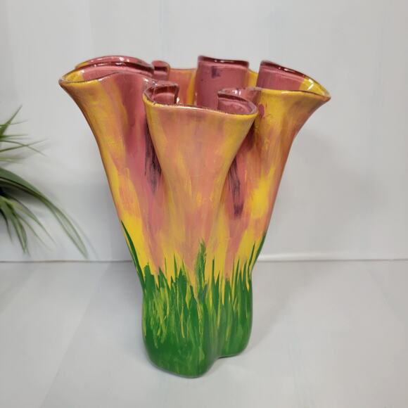 MCM Glass Vase, Handkerchief Style, Ruffle Top Hand Painted  Spring Decor - Picture 2 of 6
